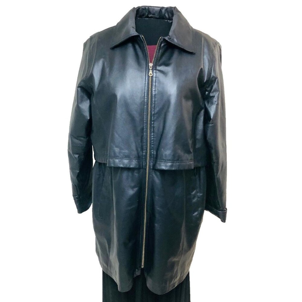 Veranesi Black Leather Coat Womens 18W Lined Cape Drawstring Full Zip Goth‎